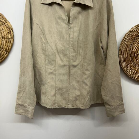 Vintage Y2K 2000s Sonoma Neutral Beige Faux Suede Zip Up Collared Top Large - Picture 4 of 6